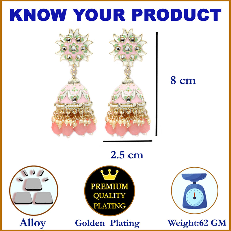 Gold-Plated Pink & White Kundan-Pearls studded Crescent Shaped Hand Painted Jhumka Earrings