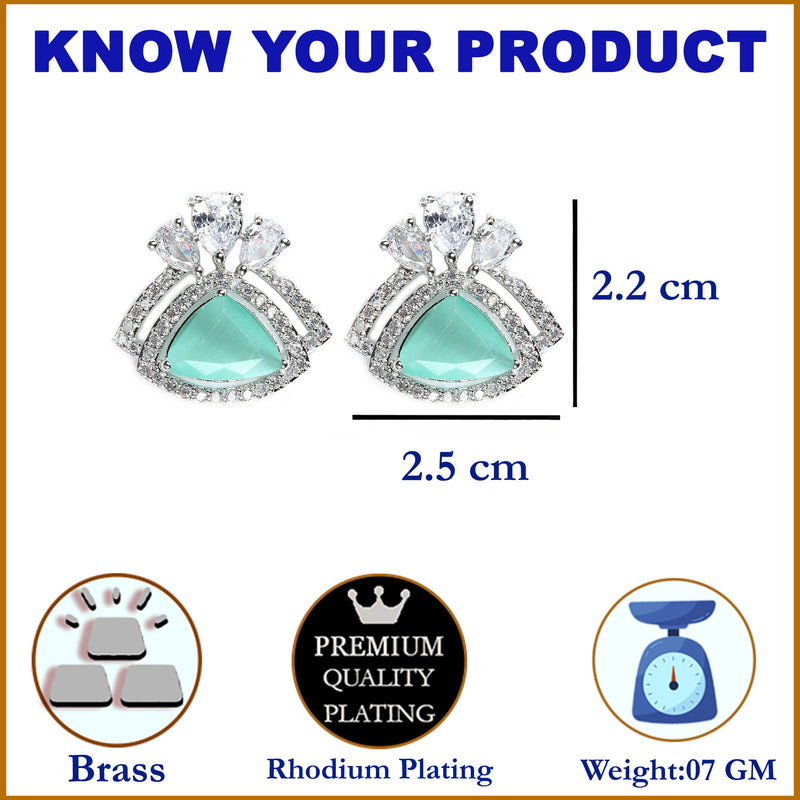 Sea Green American Diamond Triangular Shaped Rhodium-Plated with Silver-Tone Studs Earrings