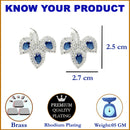 Rhodium-Plated with Silver-Toned Navy Blue American Diamond Leaf Shaped Studs Earrings