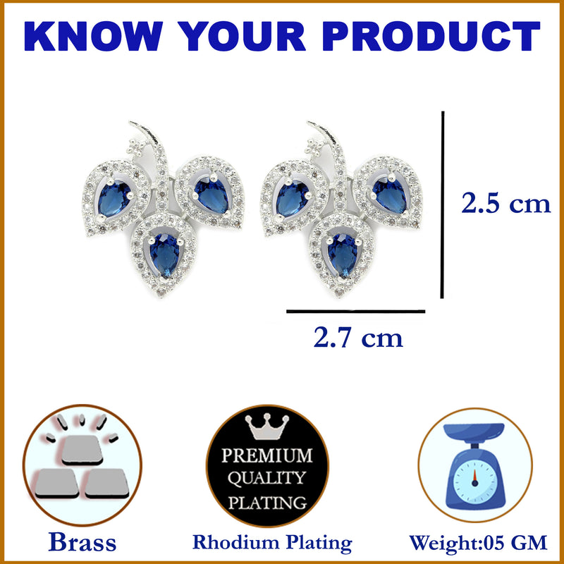 Rhodium-Plated with Silver-Toned Navy Blue American Diamond Leaf Shaped Studs Earrings