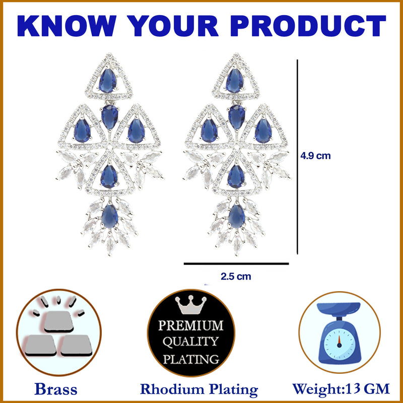 Rhodium-Plated Navy Blue & White American Diamond studded Triangular Shaped Drop Earrings