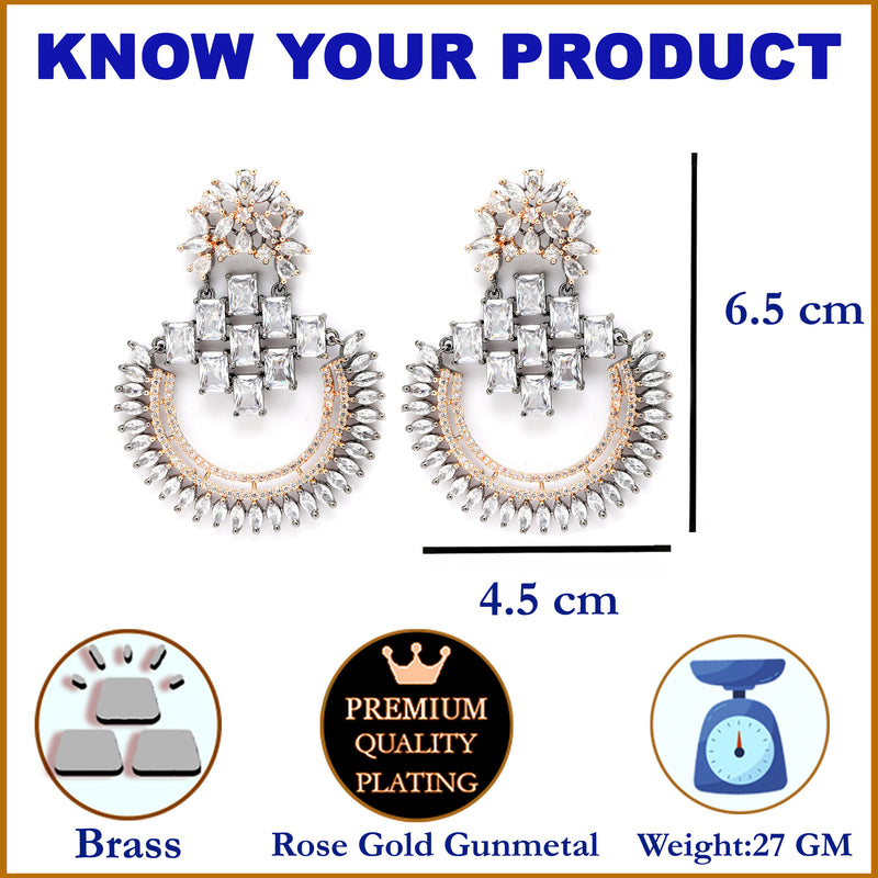 Rose Gold-Plated Gunmetal Toned American Diamond Studded Circular Chandbali Earrings