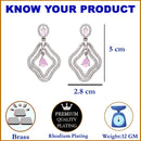 Rhodium-Plated Pink & White American Diamond studded Layered Drop Earrings