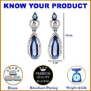 Rhodium-Plated Navy Blue American Diamond studded Handcrafted Long Teardrop Shaped Drop Earrings