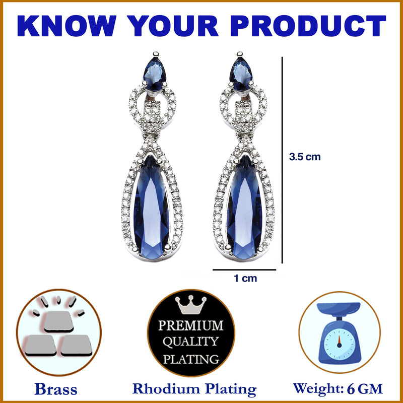 Rhodium-Plated Navy Blue American Diamond studded Handcrafted Long Teardrop Shaped Drop Earrings