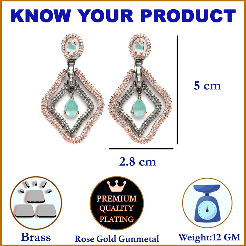 Rose Gold-Plated Gunmetal Toned Sea Green American Diamond studded Layered Drop Earrings