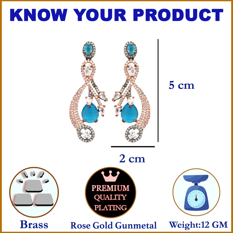 Rose Gold-Plated Gunmetal Toned Blue American Diamond studded Quirky Shaped Drop Earrings