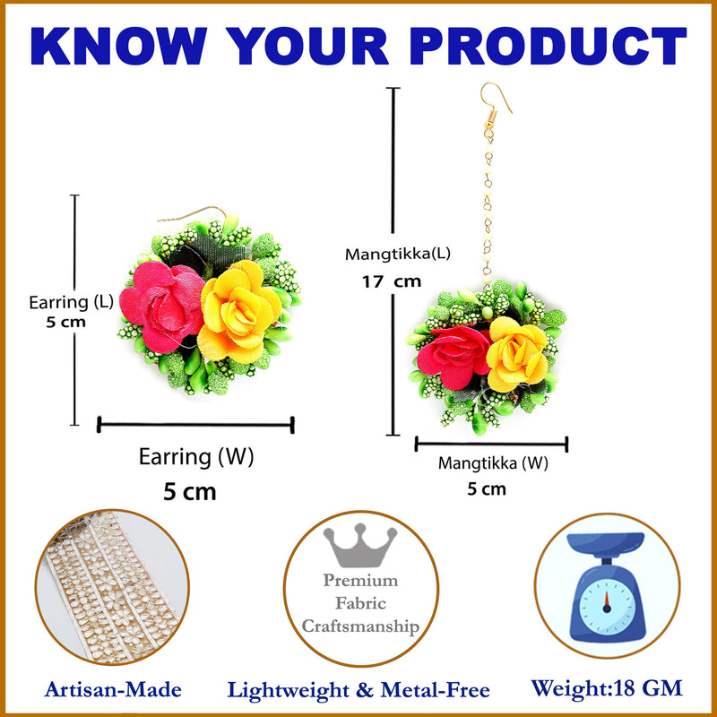 Gold-Plated Pearl Green Yellow & Pink Gota Patti Flower Maang Tikka Set