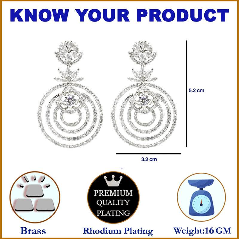Rhodium-Plated White American Diamond studded Floral & Circular Layered Drop Earrings