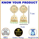 Gold-Plated Sea Green & White Kundan-Pearls studded Vilandi Jhumka Earrings