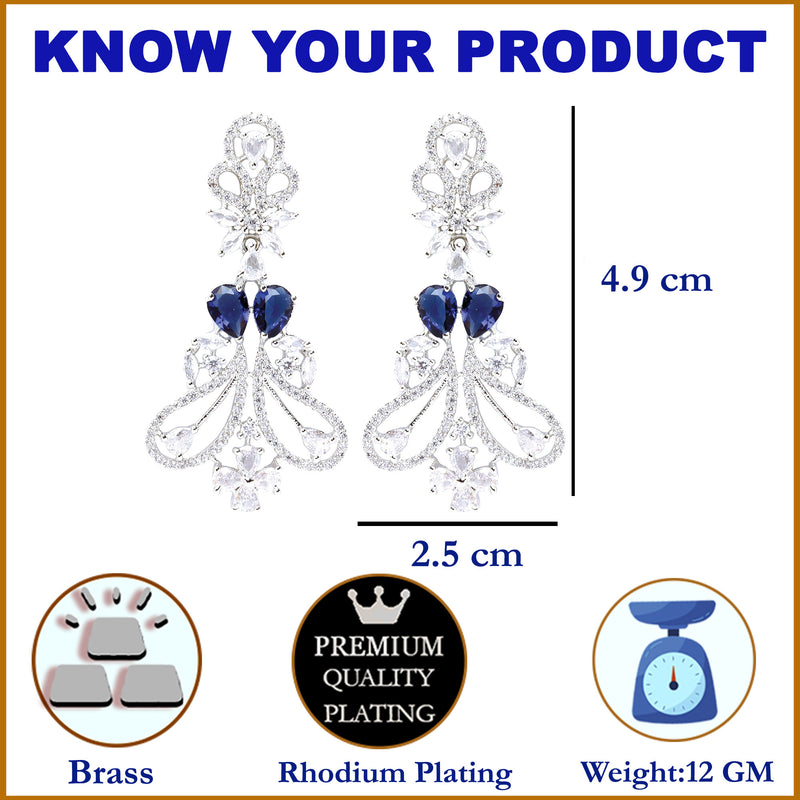 Rhodium-Plated Navy Blue & White American Diamond studded Paisley Shaped Drop Earrings