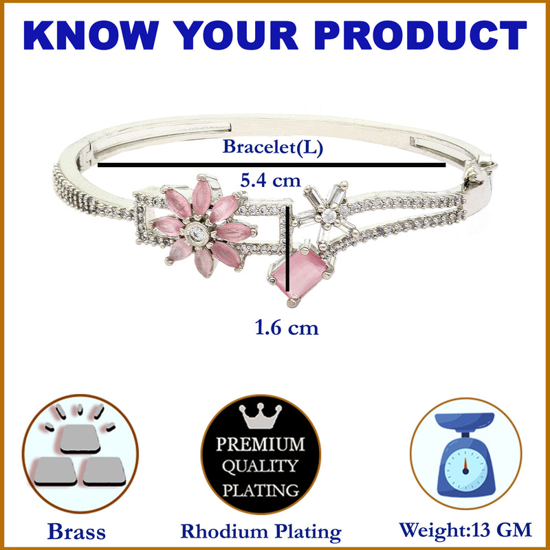 Rhodium-Plated Silver Toned Pink American Diamond Studded Bracelet