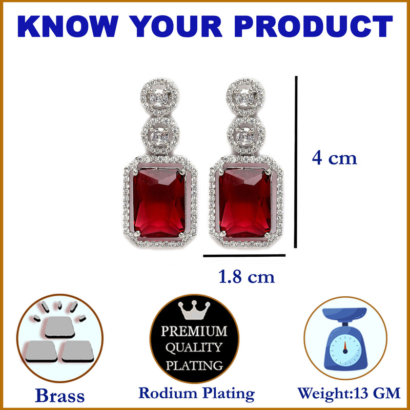 Rhodium-Plated Silver Toned Red & White American Diamond studded Geometric Shaped Drop Earrings