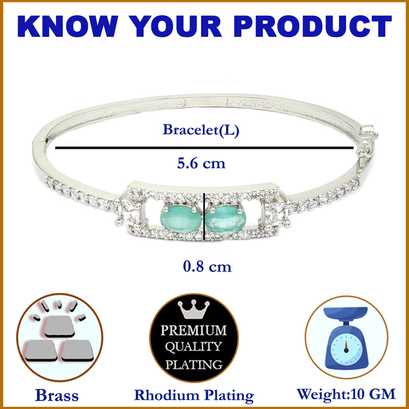 Rhodium-Plated Silver Toned Sea Green American Diamond Studded Kada Bracelet