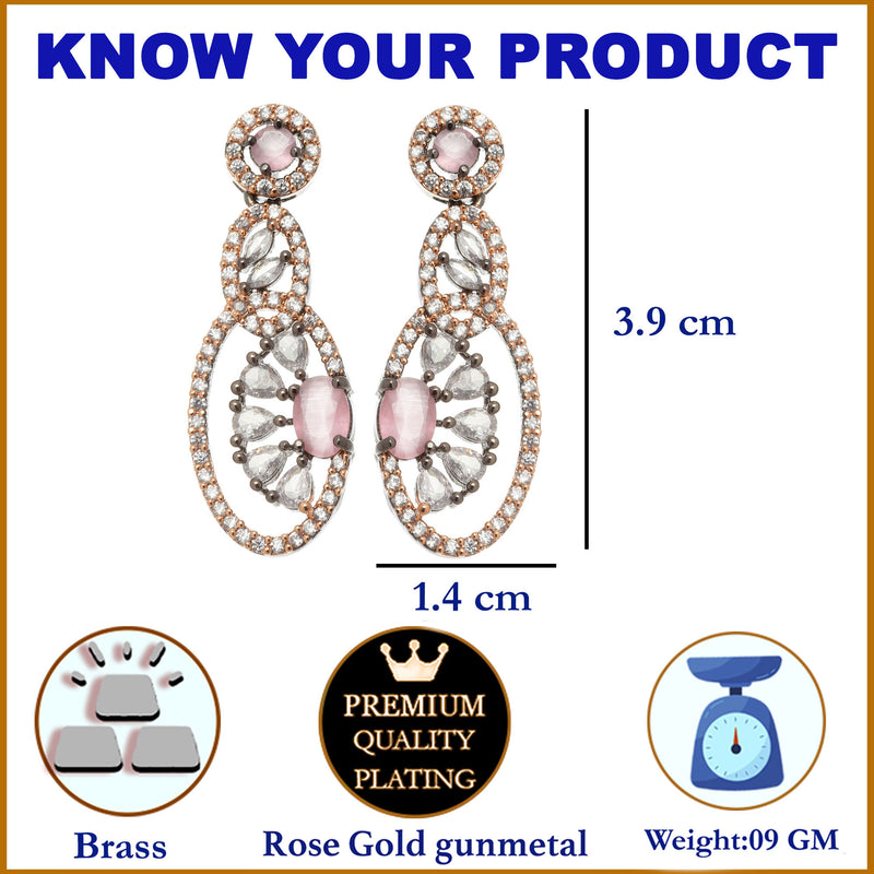 Rose Gold-Plated Gunmetal Toned Pink American Diamond studded Oval & Quirky Shaped Drop Earrings