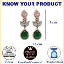 Rose Gold-Plated Gunmetal Toned Green American Diamond studded Teardrop & Leaf Shaped Drop Earrings