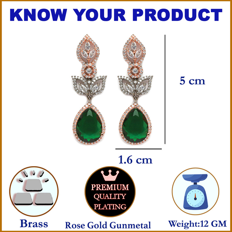 Rose Gold-Plated Gunmetal Toned Green American Diamond studded Teardrop & Leaf Shaped Drop Earrings
