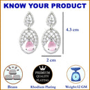 Rhodium-Plated Pink & White American Diamond studded Oval Shaped Drop Earrings