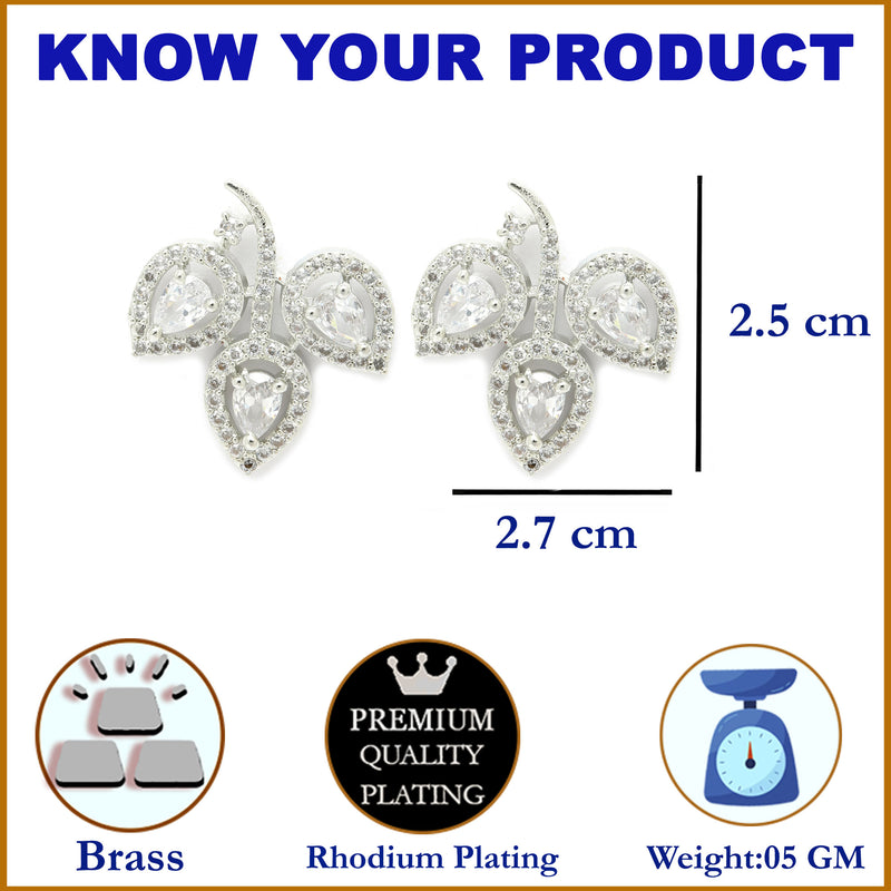 Rhodium-Plated with Silver-Toned White American Diamond Leaf Shaped Studs Earrings