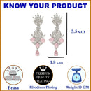 Rhodium-Plated Silver Toned Pink American Diamond studded Spiked Shaped Drop Earrings