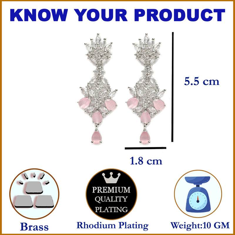 Rhodium-Plated Silver Toned Pink American Diamond studded Spiked Shaped Drop Earrings