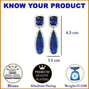 Rhodium-Plated Navy Blue & White American Diamond studded Teardrop Shaped Drop Earrings