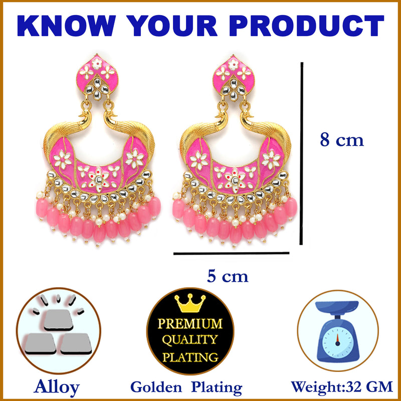 Gold-Plated Pink Kundan & White Pearls studded Peacock Shaped Handcrafted Drop Earrings