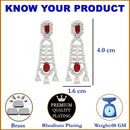 Rhodium-Plated Red American Diamond studded Classic Contemporary Drop Earrings