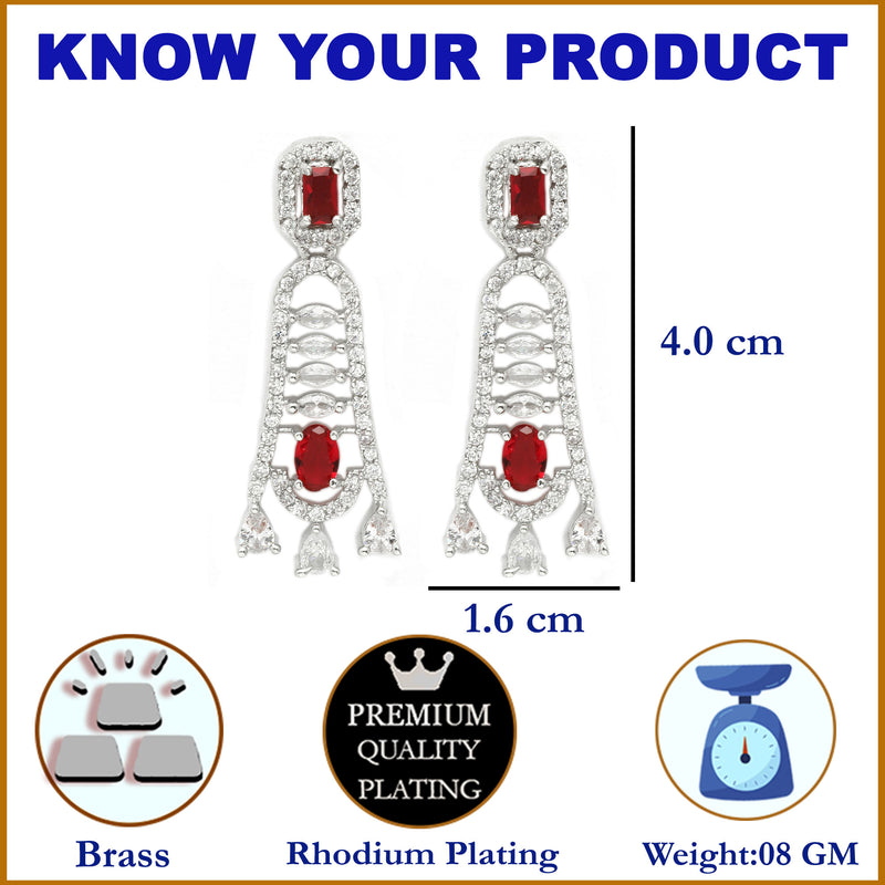 Rhodium-Plated Red American Diamond studded Classic Contemporary Drop Earrings