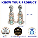 Rose Gold-Plated Gunmetal Toned Sea Green American Diamond studded Quirky Shaped Drop Earrings