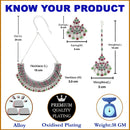 Rhodium-Plated with Silver-Tone Silver-Plated Red & Green Stones Studded Jewellery Set