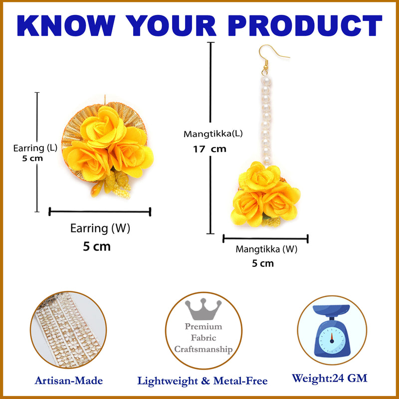 Gold-Plated Pearl Yellow Gota Patti Flower Maang Tikka Set