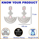 Rhodium-Plated Pink & White American Diamond studded Leaf Shaped Drop Earrings