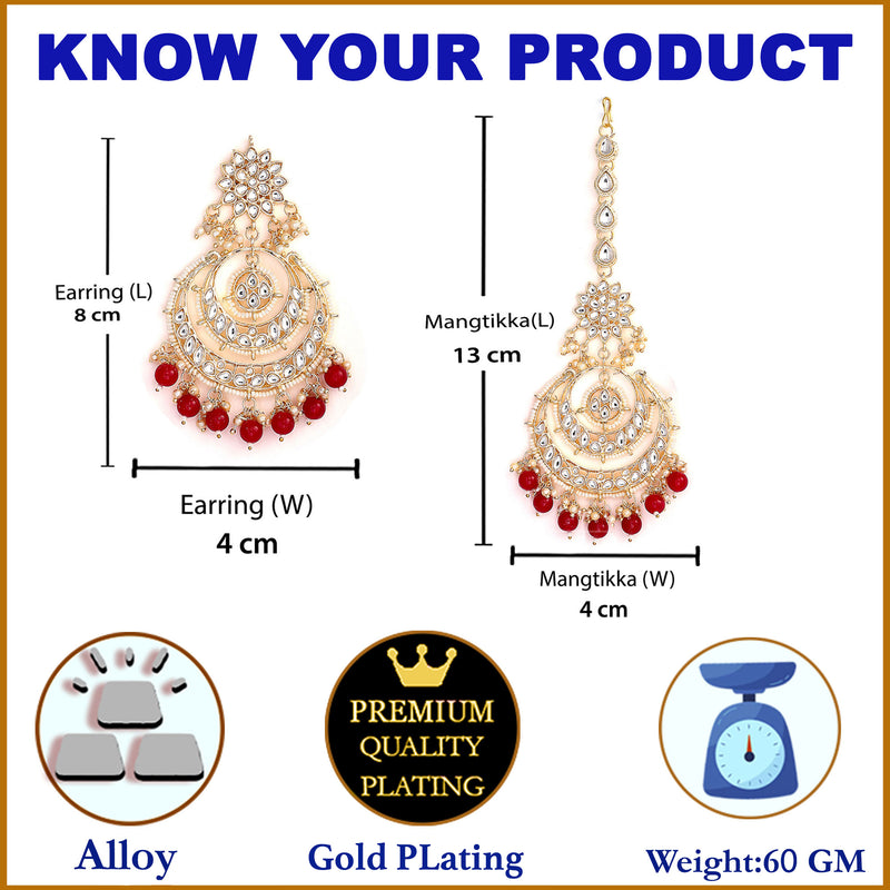 Gold-Plated Pearl Drops Red Kundan Chandbali Maang Tikka & Earrings Set