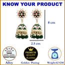 Gold-Plated Green & White Kundan-Pearls studded Crescent Shaped Hand Painted Jhumka Earrings