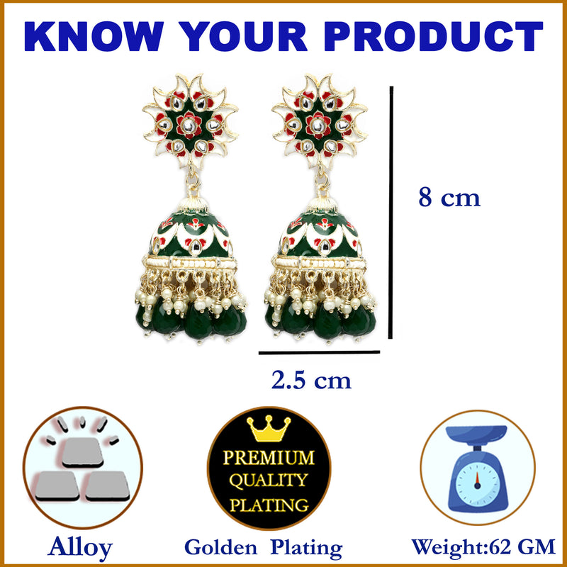 Gold-Plated Green & White Kundan-Pearls studded Crescent Shaped Hand Painted Jhumka Earrings