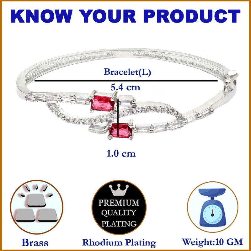 Rhodium-Plated Silver Toned Square Red American Diamond Studded Kada Bracelet