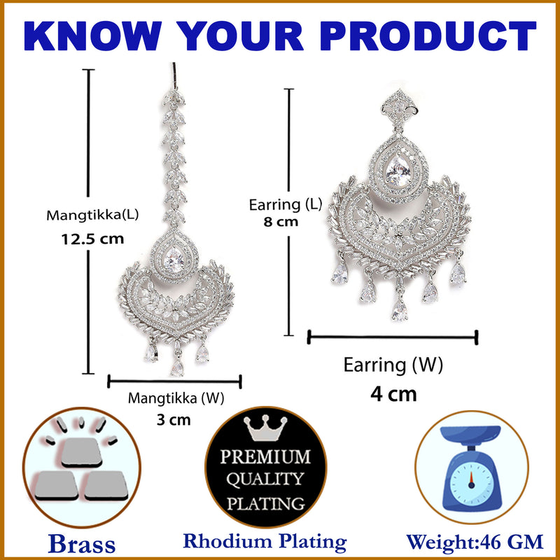 Rhodium-Plated with Silver-Toned Teardrop Shape White American Diamond-Studded Maang Tikka & Earrings Set