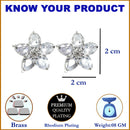 Rhodium-Plated with Silver-Toned White American Diamond Floral Studs Earrings