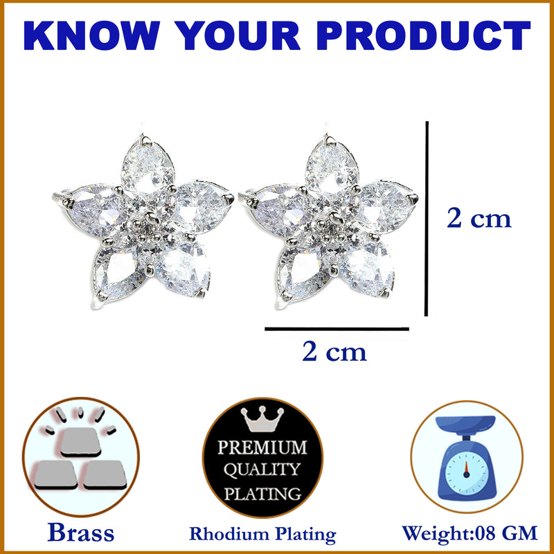 Rhodium-Plated with Silver-Toned White American Diamond Floral Studs Earrings