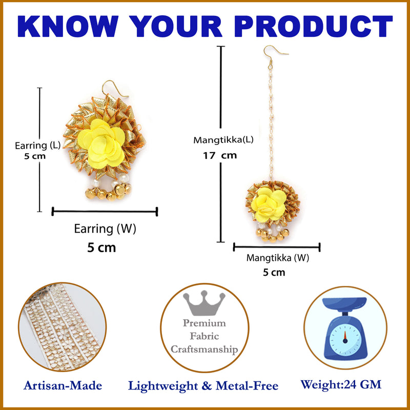 Gold-Plated Pearl Golden & Yellow Gota Patti Flower Maang Tikka Set