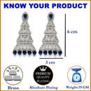 Rhodium-Plated Silver Toned Navy Blue & White American Diamond studded Triangular Shaped Drop Earrings