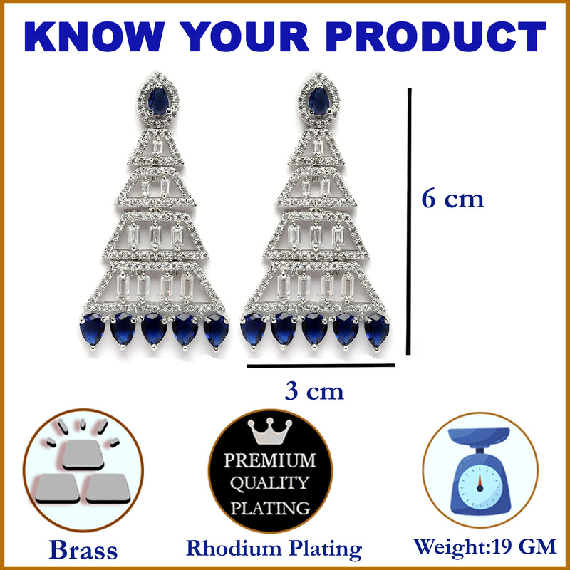 Rhodium-Plated Silver Toned Navy Blue & White American Diamond studded Triangular Shaped Drop Earrings