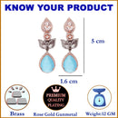 Rose Gold-Plated Gunmetal Toned Sky Blue American Diamond studded Teardrop & Leaf Shaped Drop Earrings