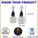 Rhodium-Plated Navy Blue & White American Diamond studded Square & Teardrop Drop Earrings