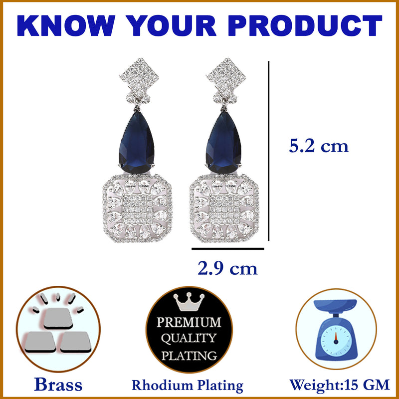Rhodium-Plated Navy Blue & White American Diamond studded Square & Teardrop Drop Earrings