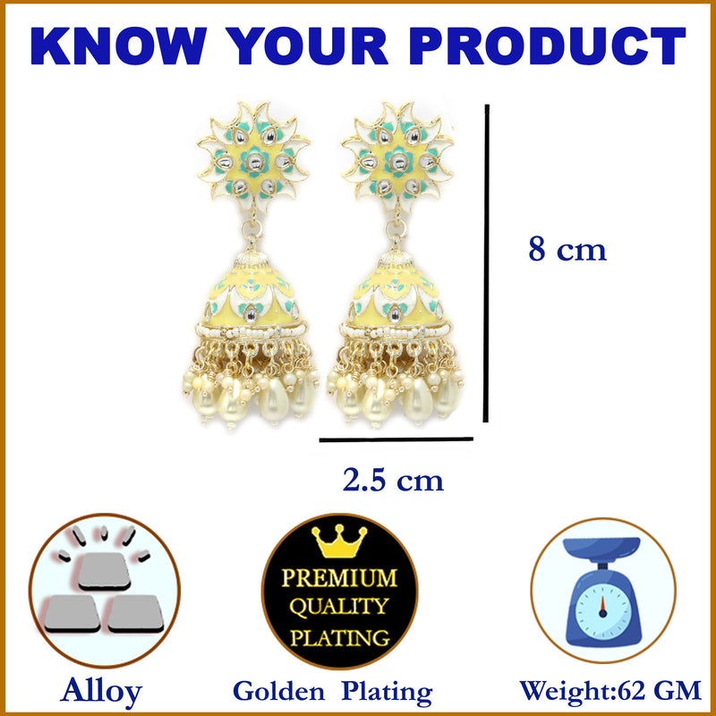 Gold-Plated White Kundan-Pearls studded Crescent Shaped Hand Painted Jhumka Earrings