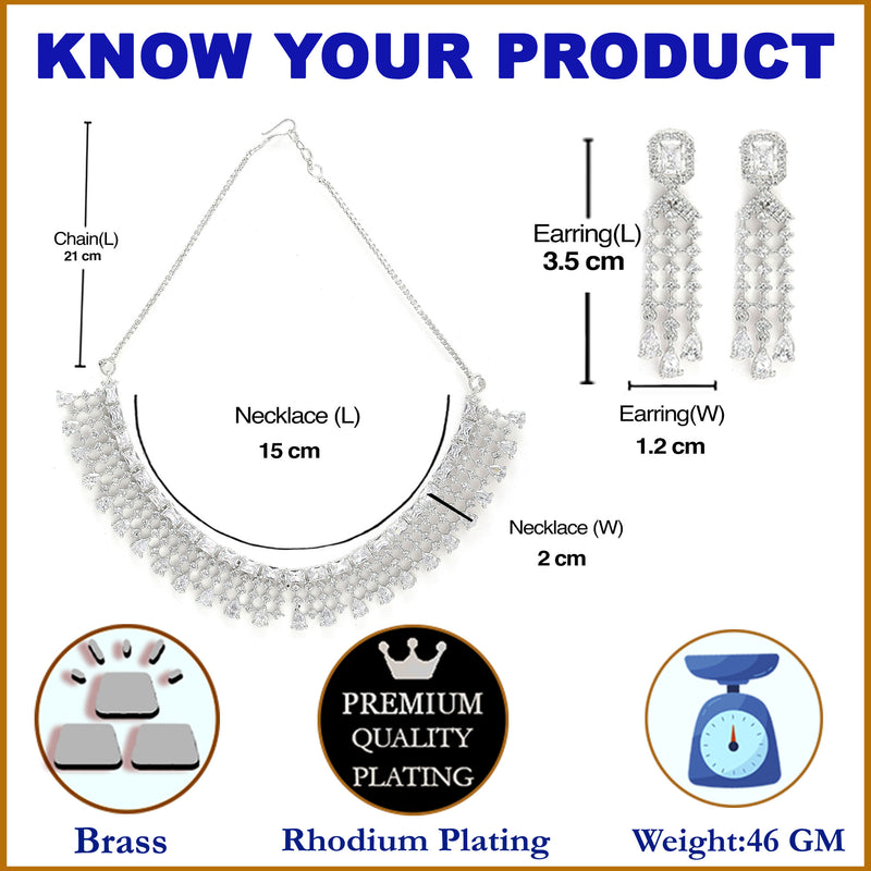 Rhodium-Plated with Silver-Tone White American Diamond-Studded Jewellery Set