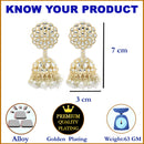 Gold-Plated White Kundan & White Pearls studded Flower Shaped Vilandi Jhumka Earrings