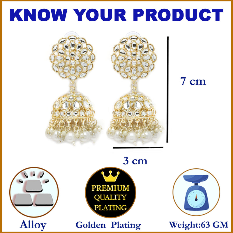 Gold-Plated White Kundan & White Pearls studded Flower Shaped Vilandi Jhumka Earrings